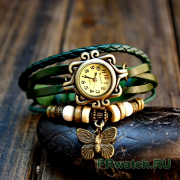 Женские часы на кожаном ремешке Butterfly Green